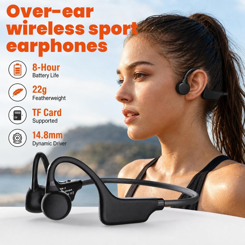 Bone Conduction Running Headphones - 骨伝導ヘッドホン、耳栓式ではない、ランニングやスポーツに最適、耳の後ろに装着するタイプ、長時間のバッテリー駆動。
