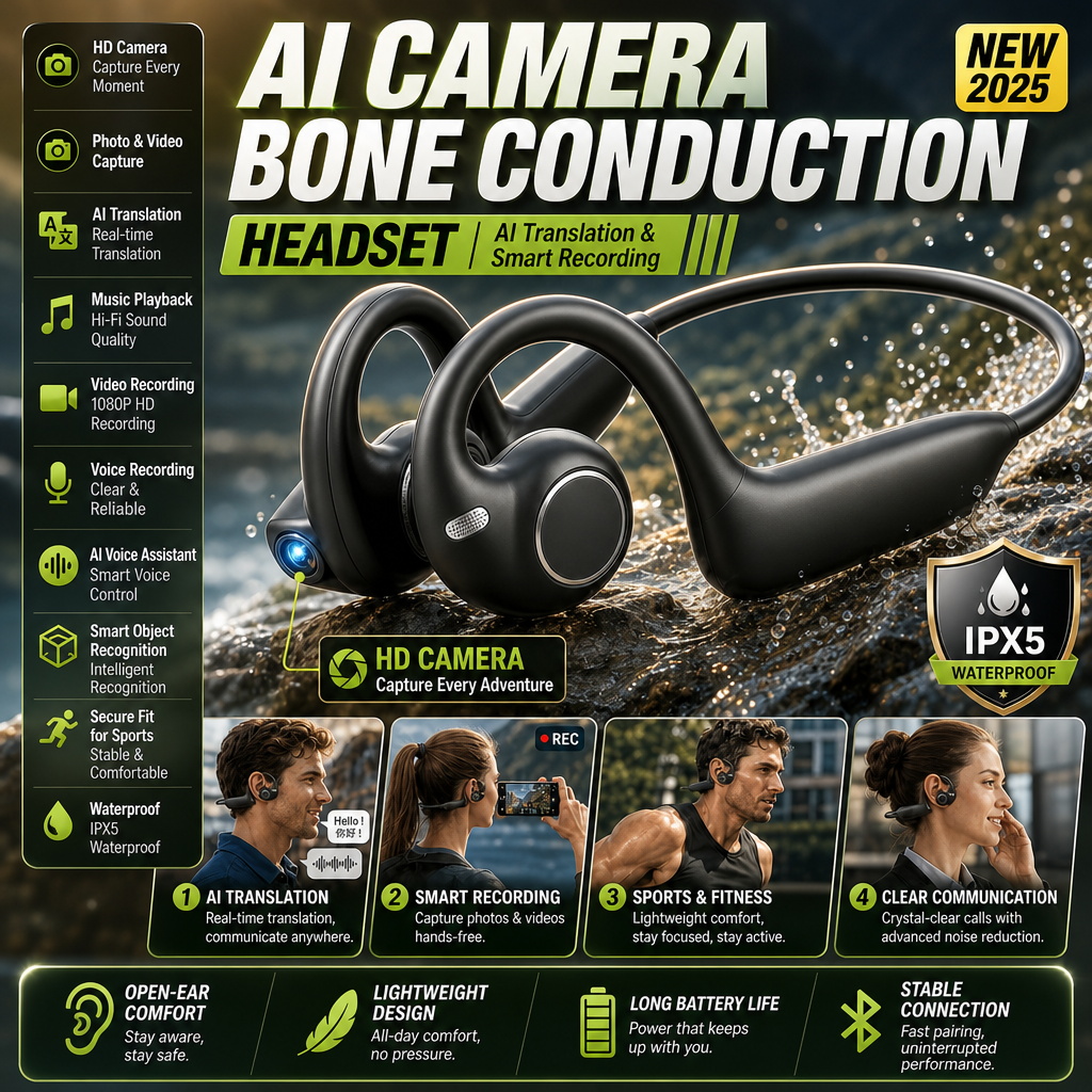 Bone Conduction Running Headphones - E12 イヤーフック型骨伝導ヘッドホン。開放型で、ワイヤレスBluetooth 5.4対応。AI翻訳機能とHDカメラを搭載したスポーツイヤホン。ランニングに最適。