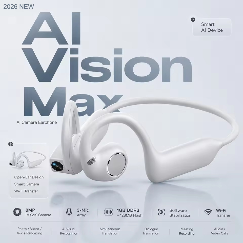 Headphones - 新登場！骨伝導AIカメラ内蔵イヤーフック型ヘッドホン。800万画素、EIS手ブレ補正、1080P動画、AI認識翻訳機能搭載。スポーツ用イヤホン。
