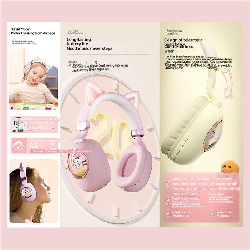 折りたたみ式で、かわいい猫耳のデザインが施されたBlueto - Cat Ear Bluetooth Headset Led のレビューと価格